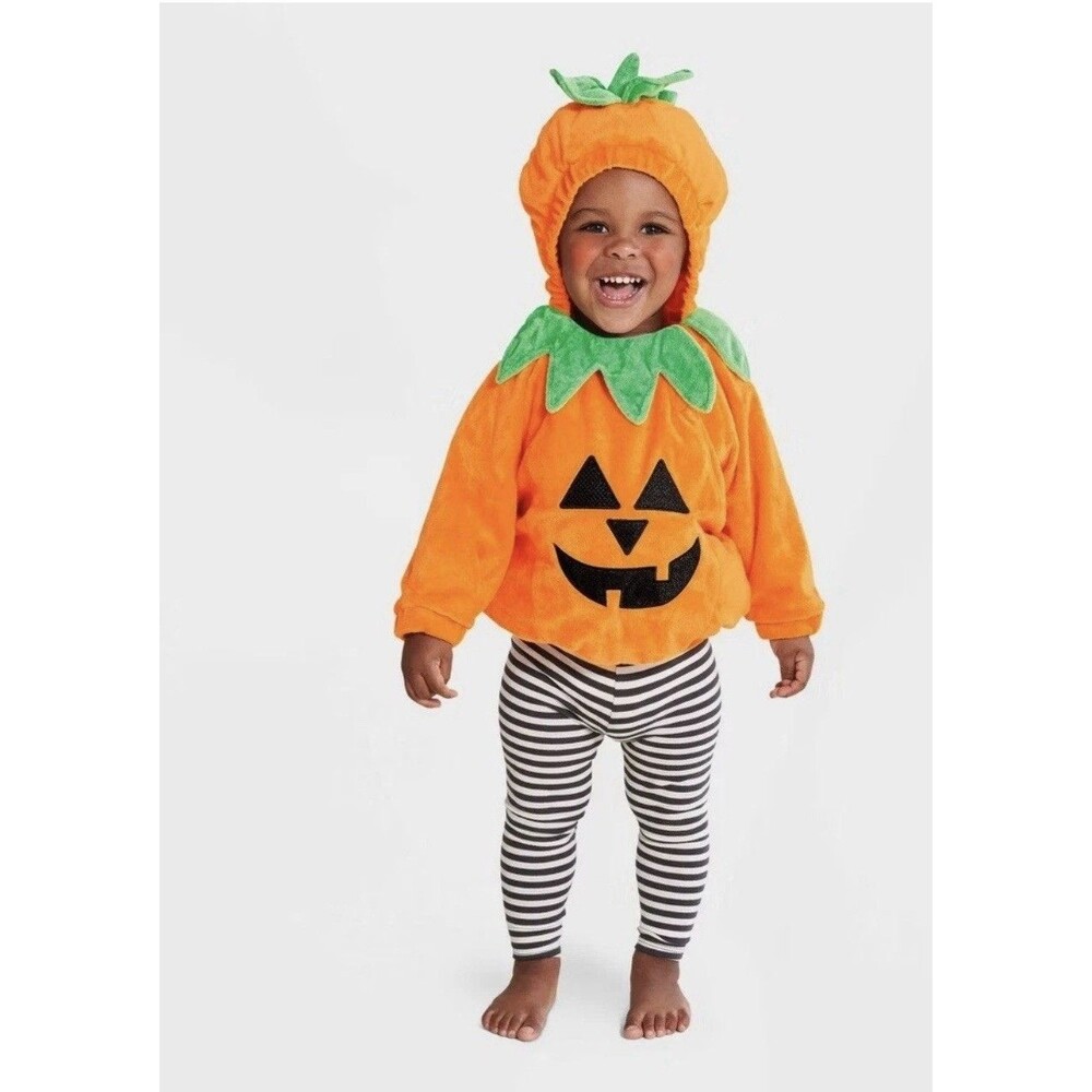 Plush Infant Pumpkin Hooded Pullover Halloween Costume Baby 0-6 Months Puffy